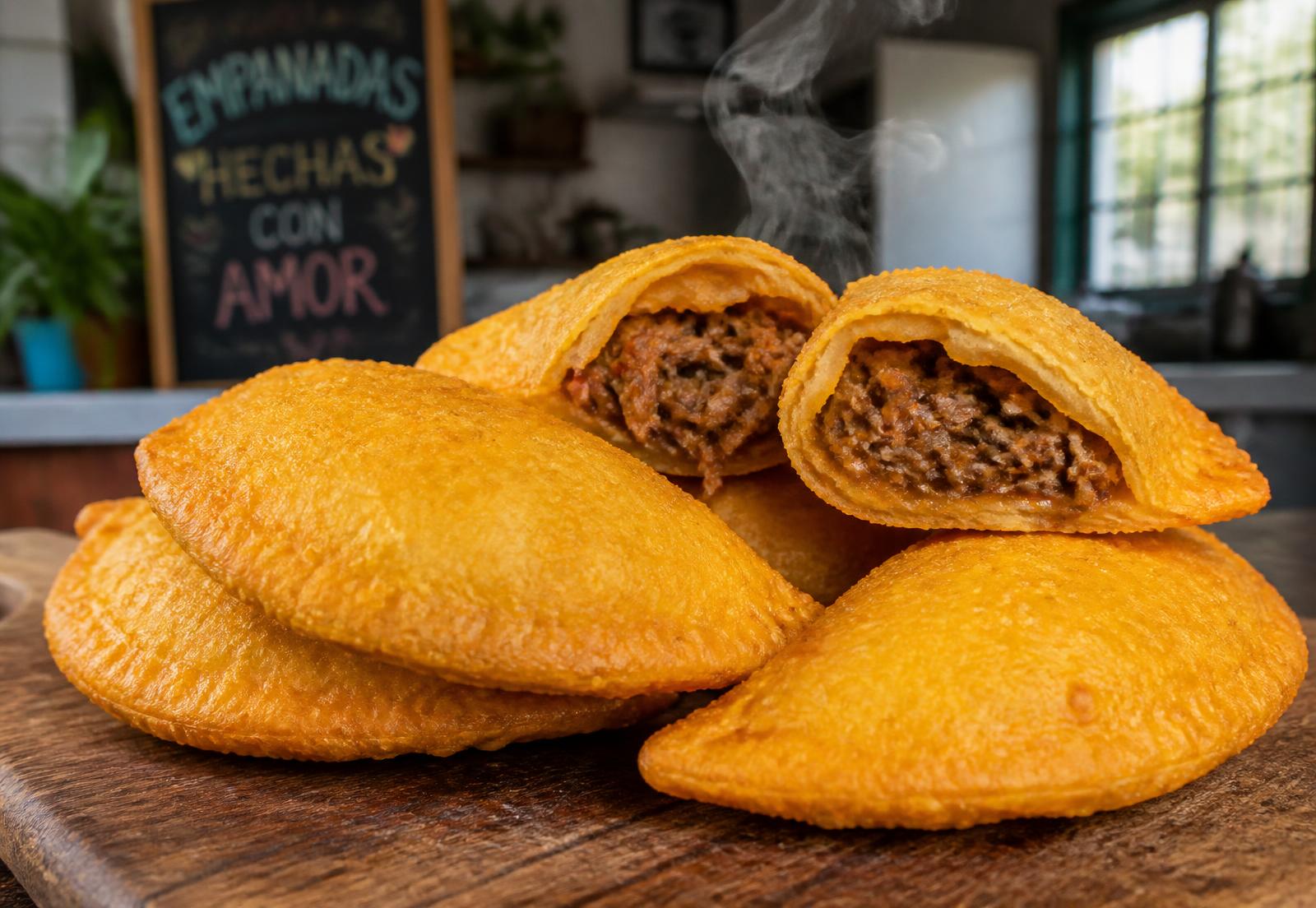 Empanadas venezolanas recién hechas, una abierta con relleno de carne mechada