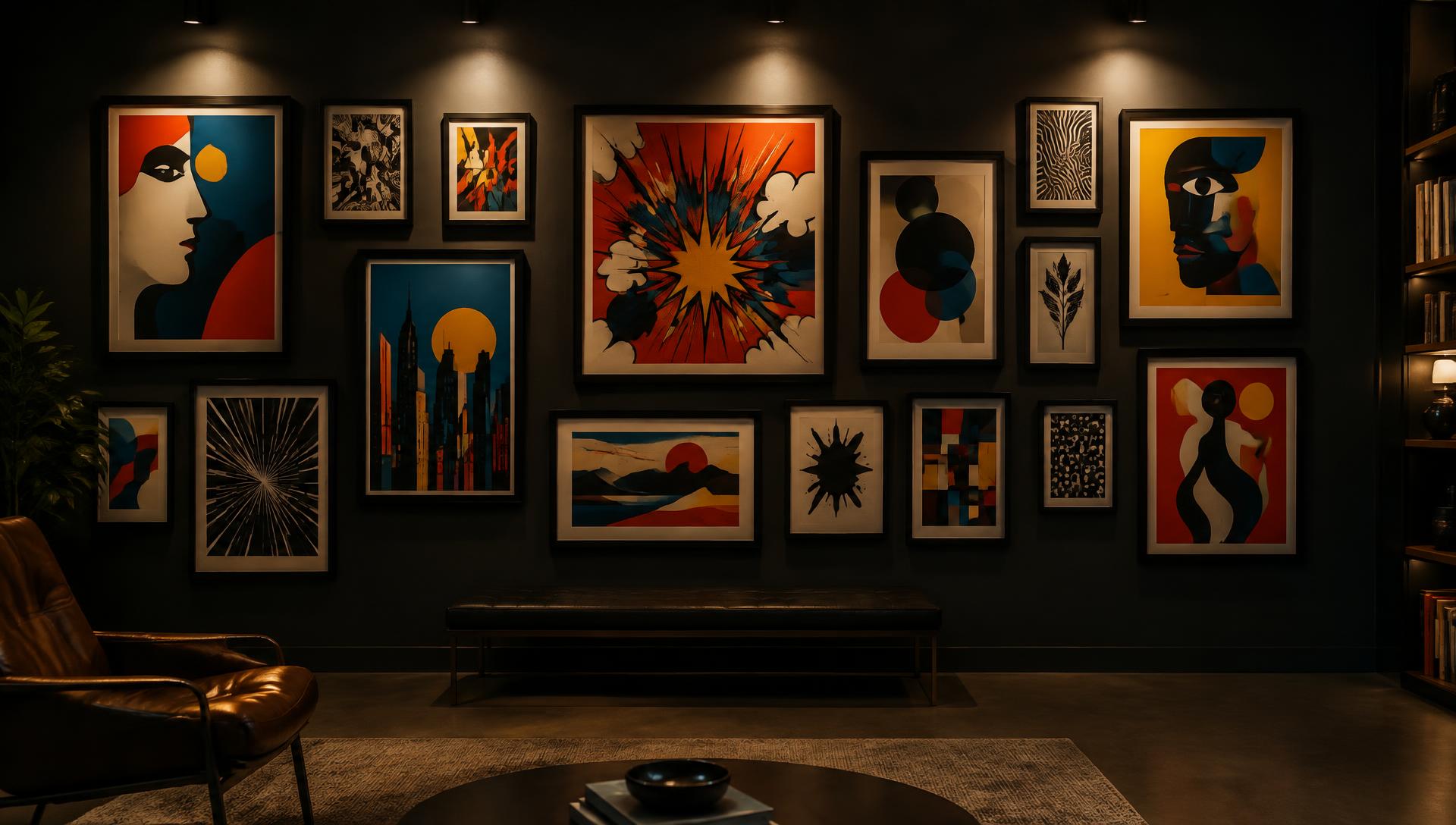 Pared de galería con pósters y cuadros enmarcados de arte pop e ilustración
